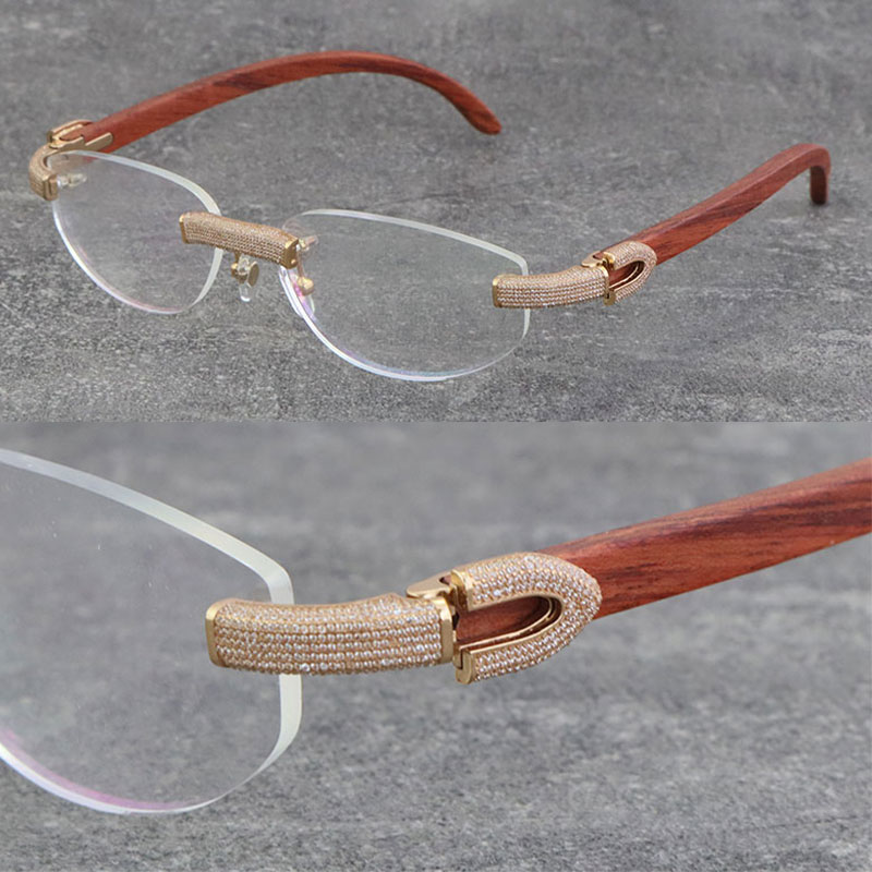 

New Wholesale Designer Diamond set Rimless Mix Metal Frames Wood Eyewear High Quality Optical Men Women With C Decoration Rocks Wire 18K Gold Frame Unisex Eyeglasses