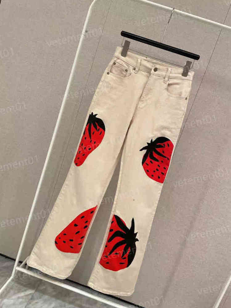 

Designer Womens Pants Brand LOGO Cute Strawberry Print High Waist Jeans Temperament Luxury Casual Jenas For Women Clothing 0912
