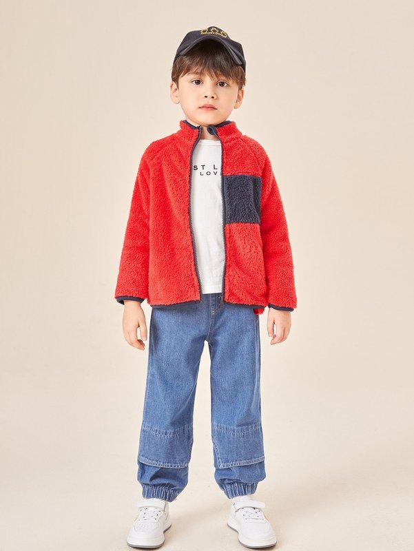 

Toddler Boys Zip Up Raglan Sleeve Contrast Panel Teddy Jacket SHE, Red