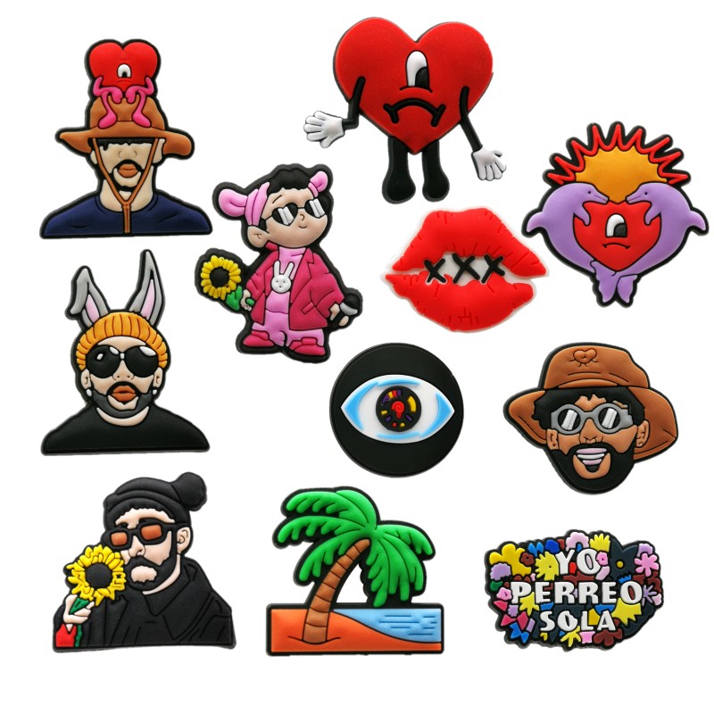 

MOQ 50pcs hot Bad Bunny pattern croc charms 2D Soft pvc clog Shoe parts accessories fashion Shoe Buckles Decorations fit men Sandals kids wristlets gifts