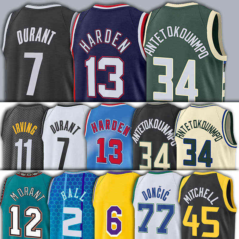 Maillots de basket-ball personnalisés en gros 12 Ja Curry Durant 7 Kev en 11 Kyrie Durant 13 Irving Harden Antetokounmpo 34 Giannis 12 Ja 77 Luka
