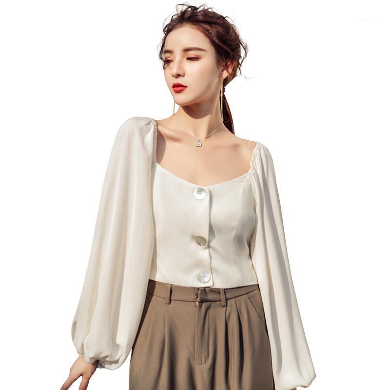 

Short Tops Puff Sleeve Blouse Women OL Work Wear Square Collar Fashion Zipper Up Shirts Ladies Vintage Office Blusa Girls Women' Blouses, Black