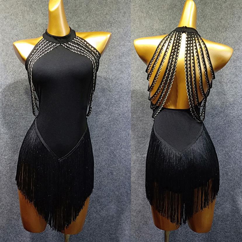 

New Latin Dance Dress Women Fringe Dress sexy backless Tango Ballroom Flamengo Salsa Competitive Latin Dance292j, Black
