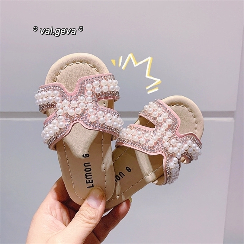 

Fashion Kids Girls Summer Shoes "H" Pearls Crystal Princess Sandals Slippers Home Outdoor Children Girl Slides 220617, Black