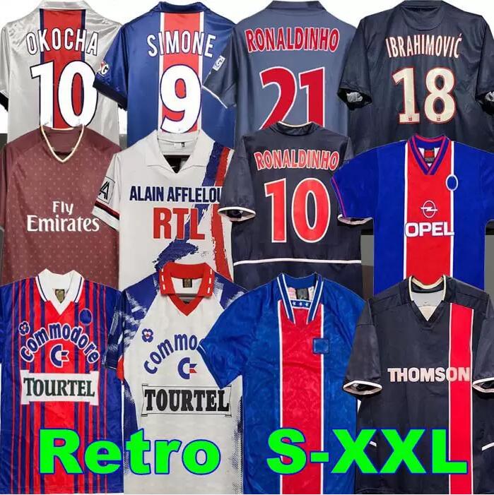 

OKOCHA Retro SOCCER JERSEYS 93 94 95 96 LEROY ADAILTON Beckham 98 99 00 01 02 03 90 92 classic RAI ANELKA Ibrahimovic camisas de futebol RONALDINHO SIMONE psgs, 93 94 away jersey