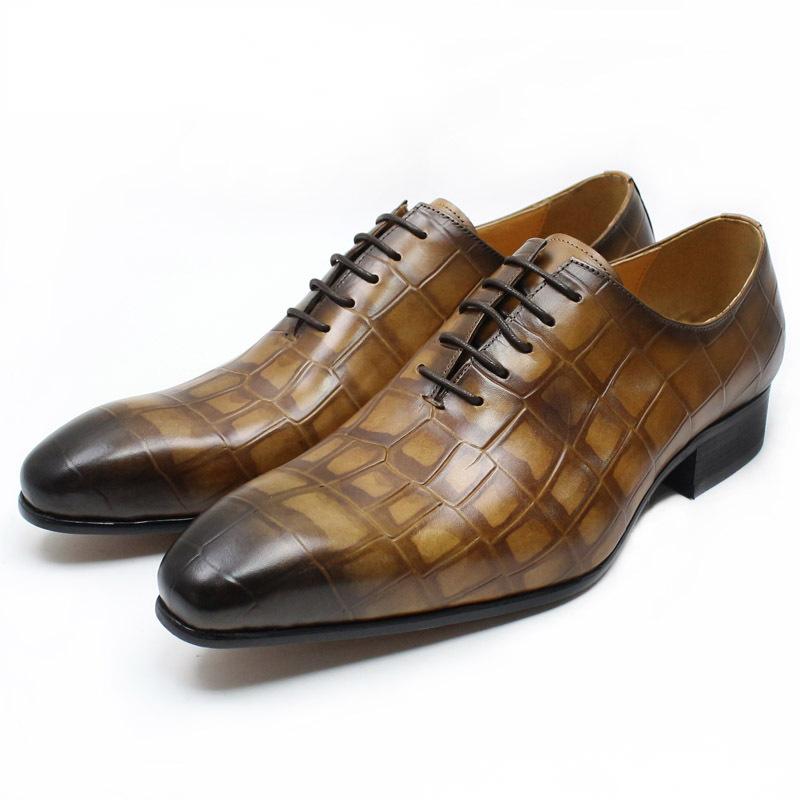 

Men Leather Shoes Brown Black Crocodile Lace-Up Pointed Toe Formal Office Wedding Oxford Shoes KB295, Clear