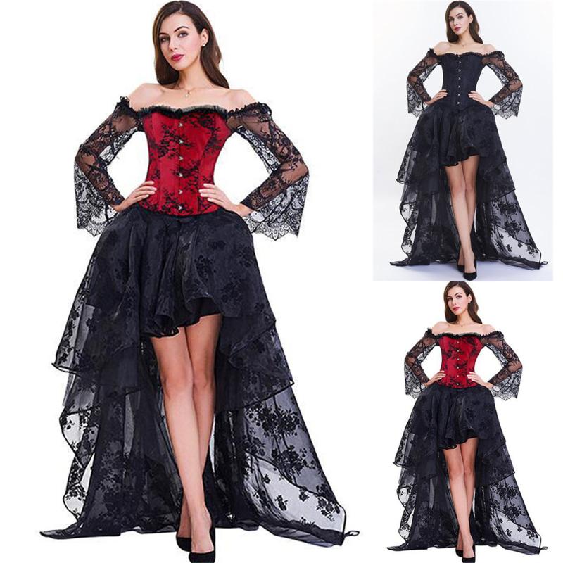 

Casual Dresses Steampunk Corset Dress Bustier Gothic Corselet Sexy Corsets Women Lace Off Shoulder Floral Party Long Top Skirts Set, Black