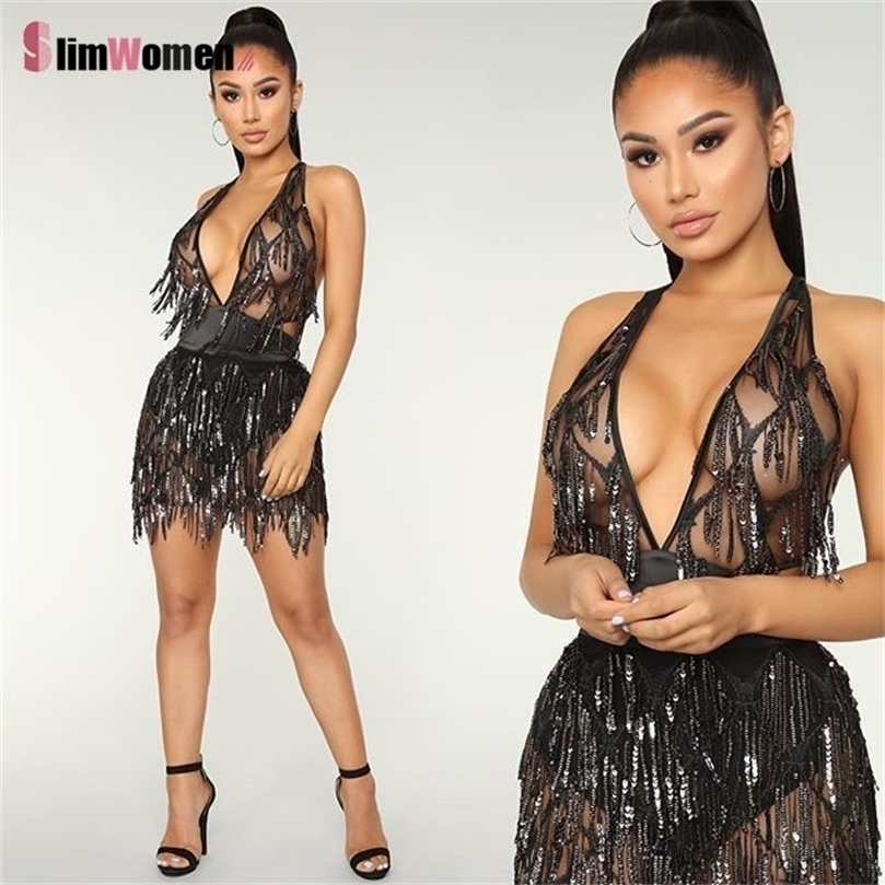 

Niglub Sparkle Backless Tassel Sequins Bodycon Dres Deep V Neck Robe Bandage Chirstmas Party Dresses Birthday Outfits 220402, Black
