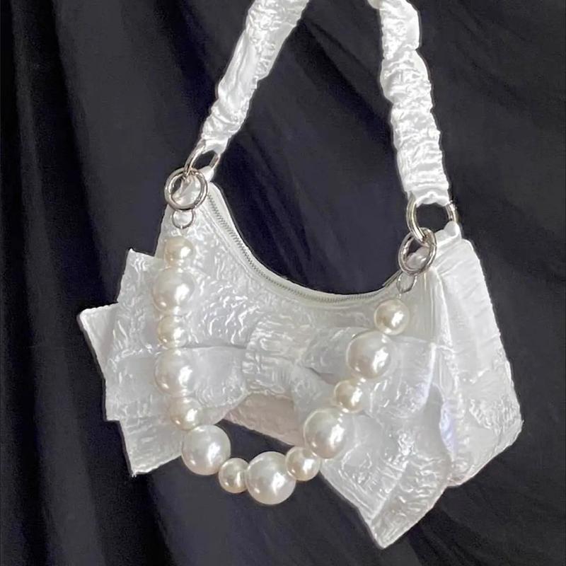 

Evening Bags Xiuya Beautiful Shoulder Bag Women 2022 Pleated Big Bow Pearl Chain Handbags Ladies Handle Lolita Pouch Woman Wallet Purse, Black