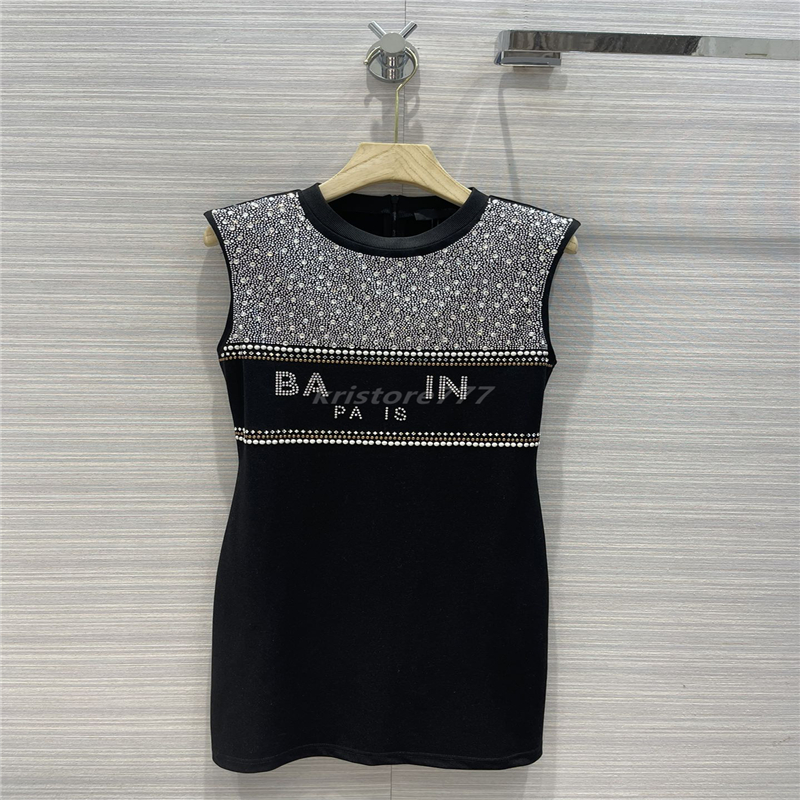 

2022 women summer sexy dresses designer dress with letter rhinestone print milan runway designer tank crop top t-shirt clothing high end cotton a-line pullovers vest, Black