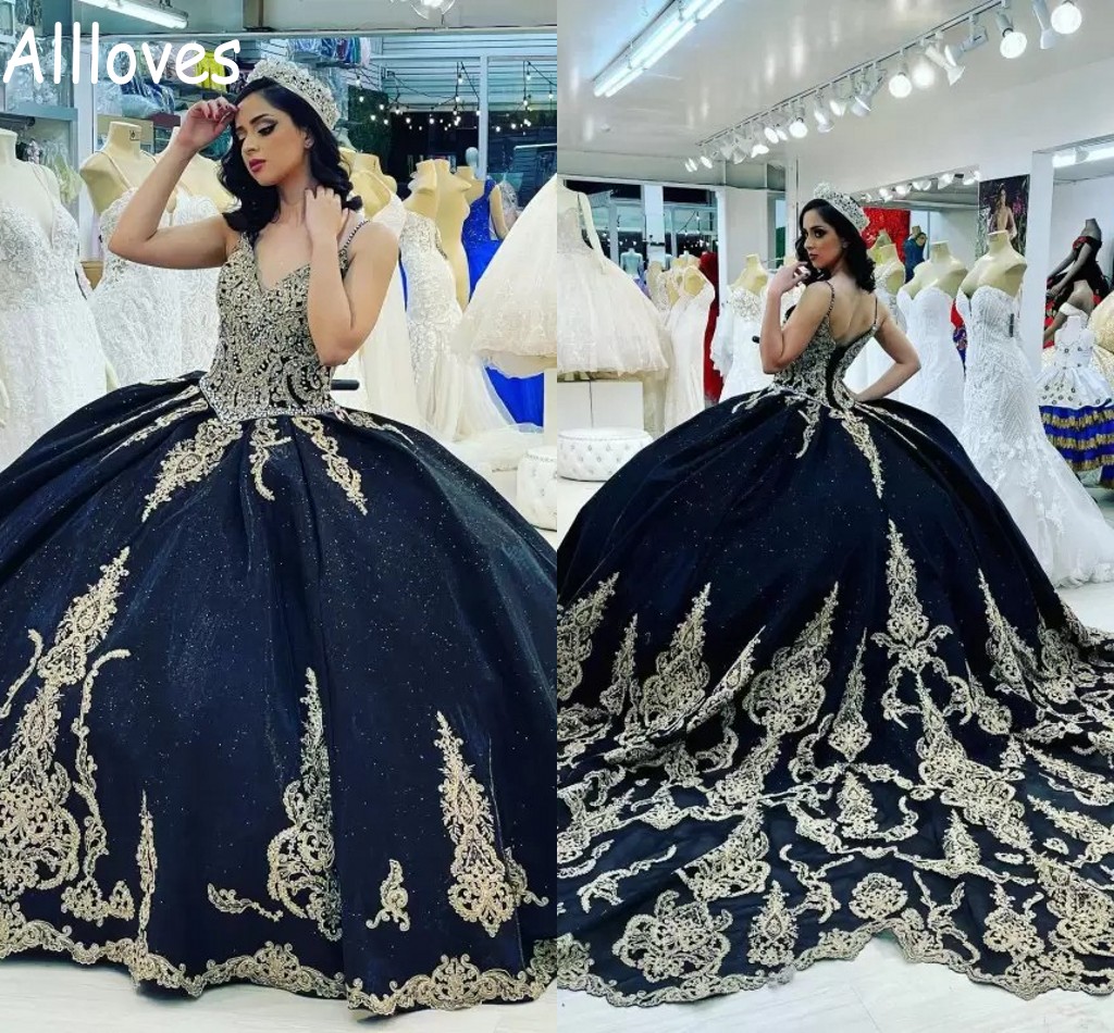 

Dark Navy Sequined Princess Ball Gown Quinceanera Dresses Lace Appliqued Sexy Spaghetti Straps Backless Prom Evening Gowns Sweet 16 Formal Wear Plus Size CL0179, Hunter