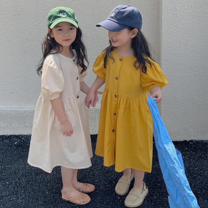 

Girl's Dresses Kids Dress Summer Girls Clothes Children Puff Short Sleeve Single-breasted Casual Princess Toddler DressGirl's, Beige