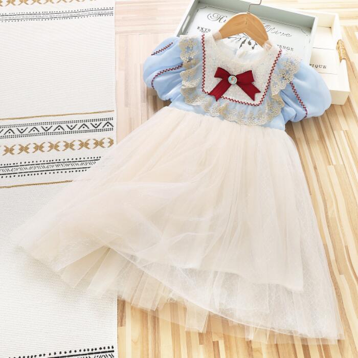 

Exquisite girls Kids Clothes Blue Dress Mesh Bow Design With Lace Patchwork Summer Elegant Birthday Party Dresses Children Soft girls Clothing, Wathet blue