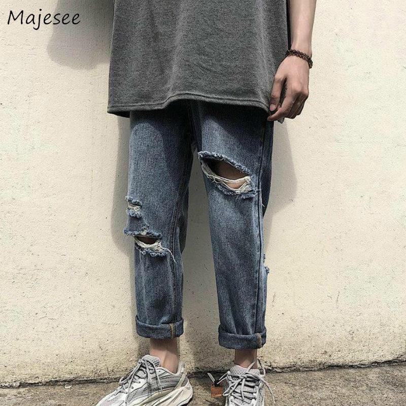 Men's Jeans Men Solid Chic Harajuku Denim Straight Holes Trousers Mens Korean Style Leisure Streetwear BF All-match Ins Loose Teens