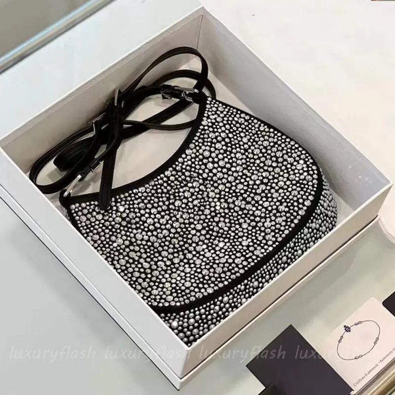 New Cleo Womens Designers Tote Shouler Bags Crystal Embellished Satin Handbags High Quality Ladies 2022 Fashion Underarm Purses Bling