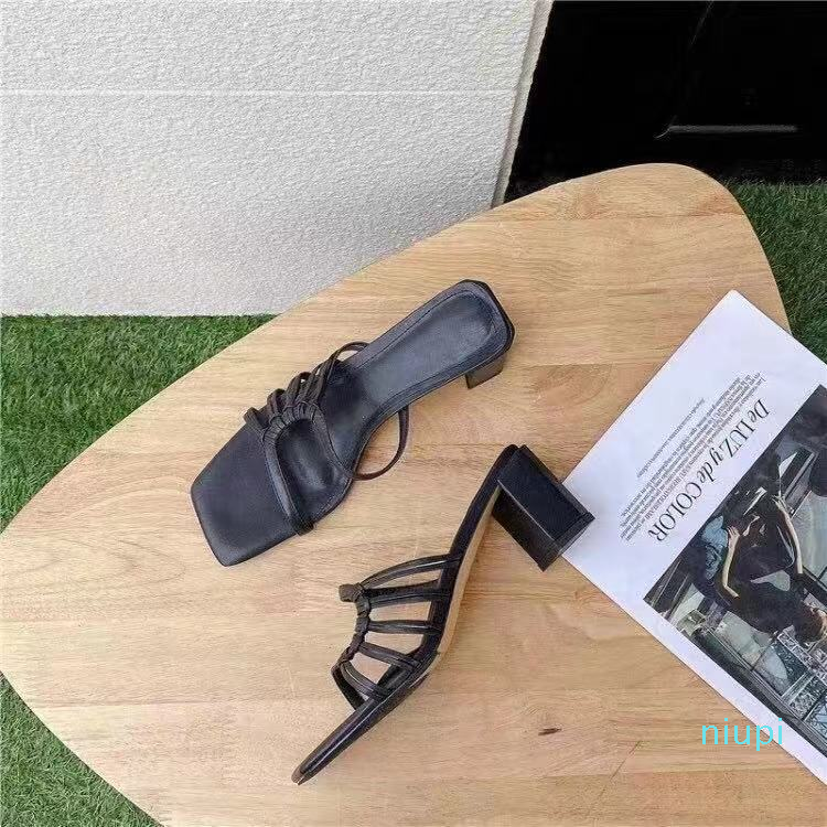 

2022 black/white CALF SKIN sandals hollow GENUINE LEATHER strappy chunky KITTEN HEELS 6cm SLIDES, Check stock before pay