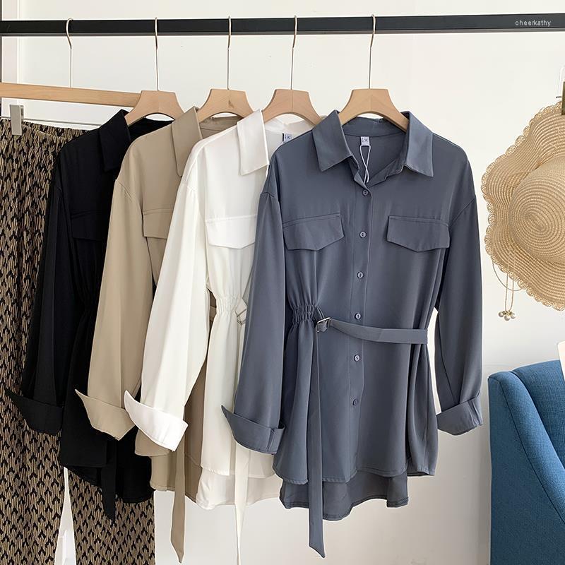 

Women' Blouses & Shirts Female Chiffon Belt Tunic Long Sleeve Tops Mid-length Lace-up Lapel Chic Blusas Mujer De ModaWomen' Chee22, White