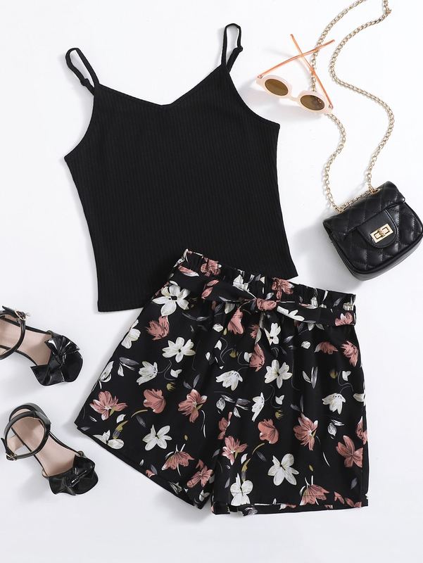 

Teen Girls Rib-knit Cami Top & Floral Belted Shorts Set SHE, Black