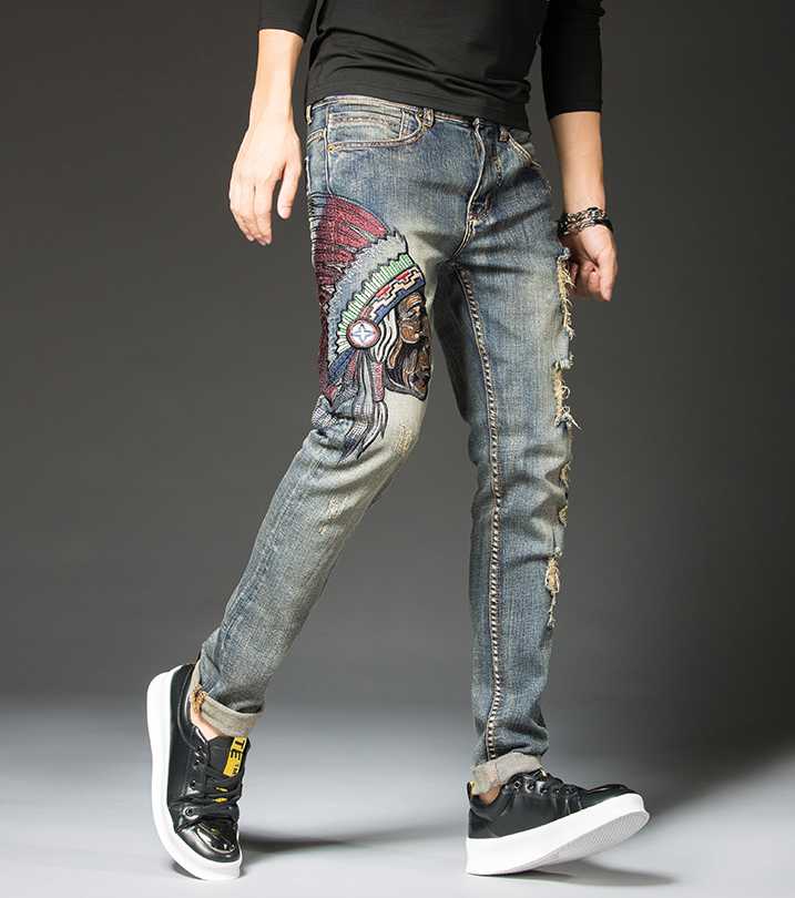 

Men's Jeans Men Distressed Patchwork Embroidery Casual Long Pants Ripped Denim Size 28-38Men's Men'sMen's, Blue
