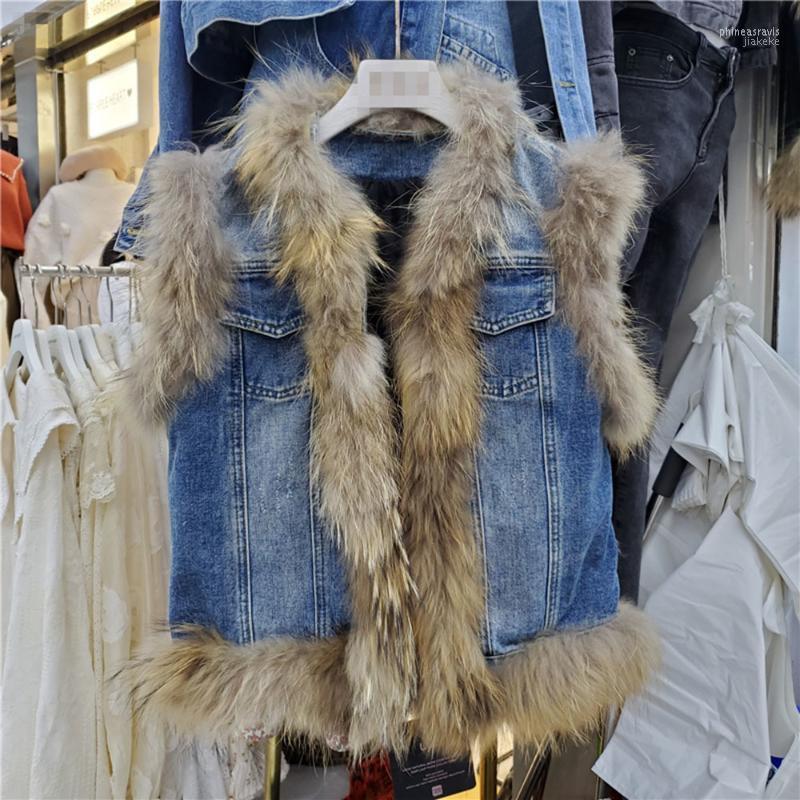 

Women's Vests Real Fur Vest Thick Warm Waistcoat Parkas In Winter Denim Patchwork Sleeveless Coat Women Phin22, Blue