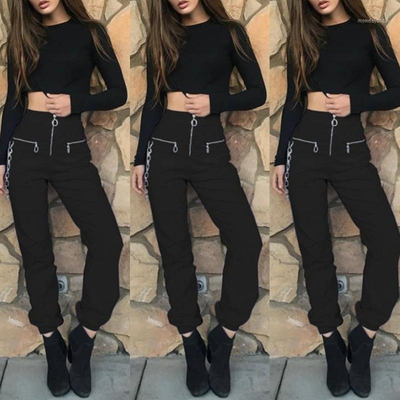 

Women' Pants & Capris 2022 High Waisted Autumn Ankle Banded Casual Black With Chain Zipper