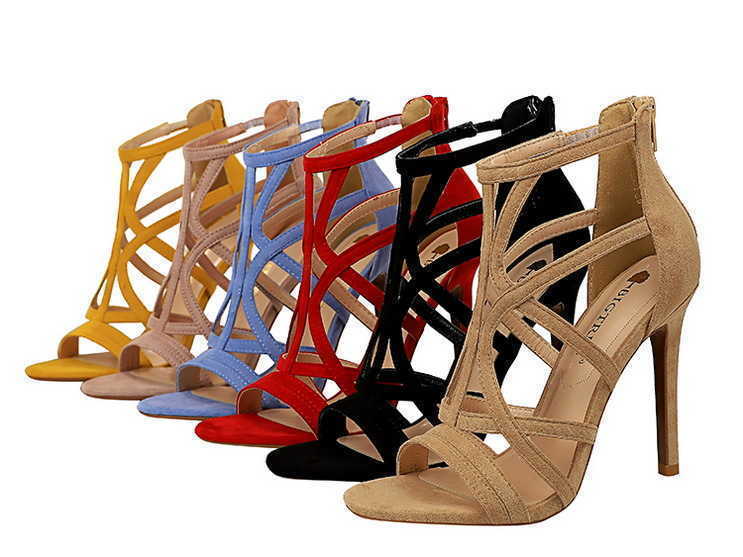 

2022 Top Quality Roman style 11cm thin heel super high dress shoes suede hollow out sexy nightclub summer strappy Classic luxury sandals for girl, Khaki