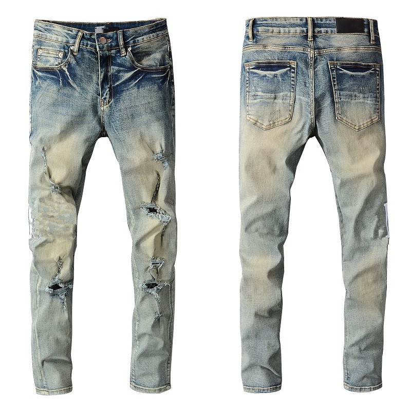 

Man Skinny Fits Jeans Denim with Letters Blue Knee Ripped with Holes Slim for Guys Mens Biker Moto Straight Leg Fashion Distress Hip Hop Pants Softener Zipper Summer, 684