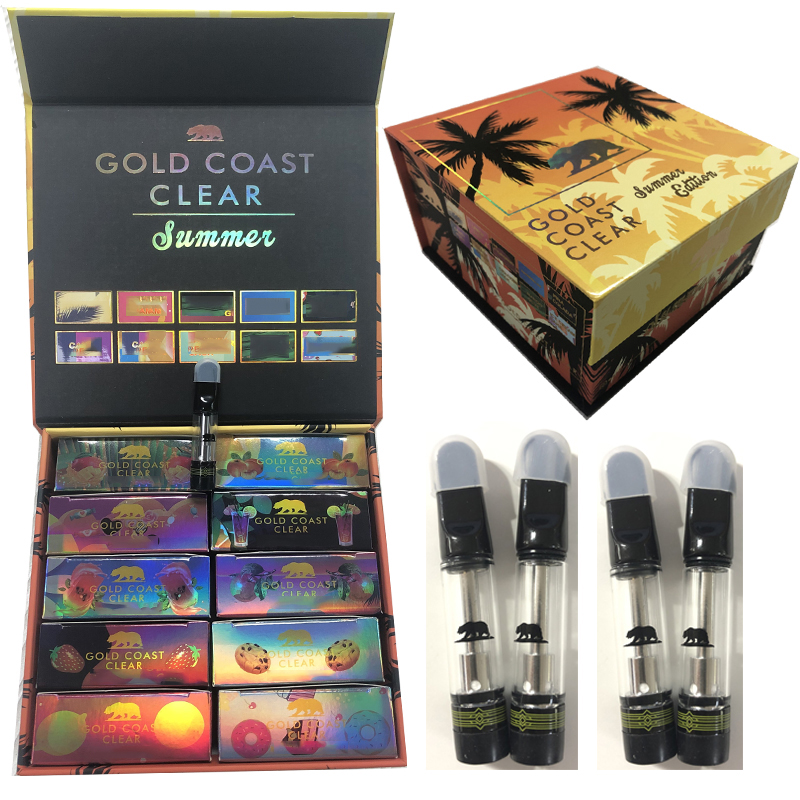 

Gold Coast Clear Vape Cartridges GCC Summer Edition 0.8ml Disposable Vape Pens 1ml 510 Thread Carts Custom Vapes Packaging Box Ceramic Coil D8 D9 CAKE Runtz Atomizers