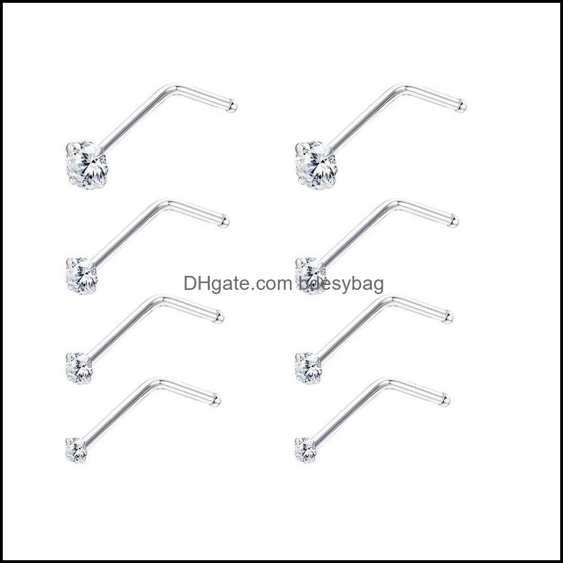 

Nose Rings Studs 8 Pcs 925 Sterling Sier L-Shaped Clear Cz Inlaid Zircon For Women Men 22G Body Pierci Bdesybag Dhvq1