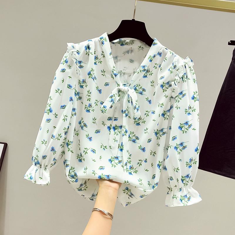 

Women' Blouses & Shirts Elegant Women Blusas Mujer De Moda 2022 Summer Fashion Bow V-Neck Flowers Print Chiffon Blouse Shirt Tops FemmeWome, Photo color