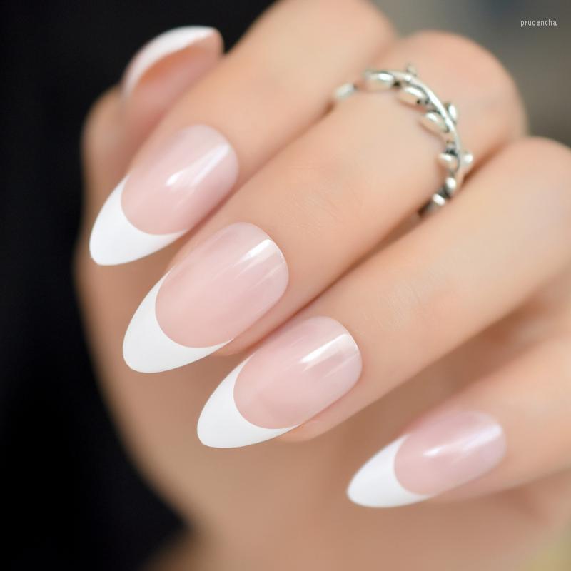 

False Nails 24Pcs Light Pink Sharp Stiletto French Medium White Tips Artificial Fake Full Cover Fashion Manicure Products Z872 Prud22, Z788