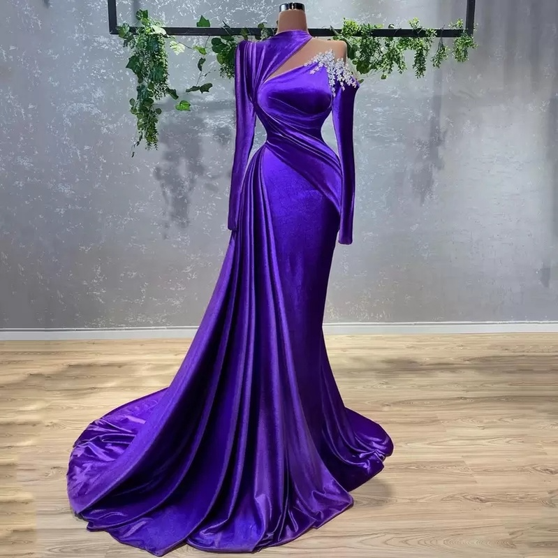 

Sexy Mermaid Purple Evening Dresses 2022 With Beaded Crystals Long Sleeve Satin Party Occasion Gowns Pleats Ruffles Prom Dress Wears C0613G02, Pink