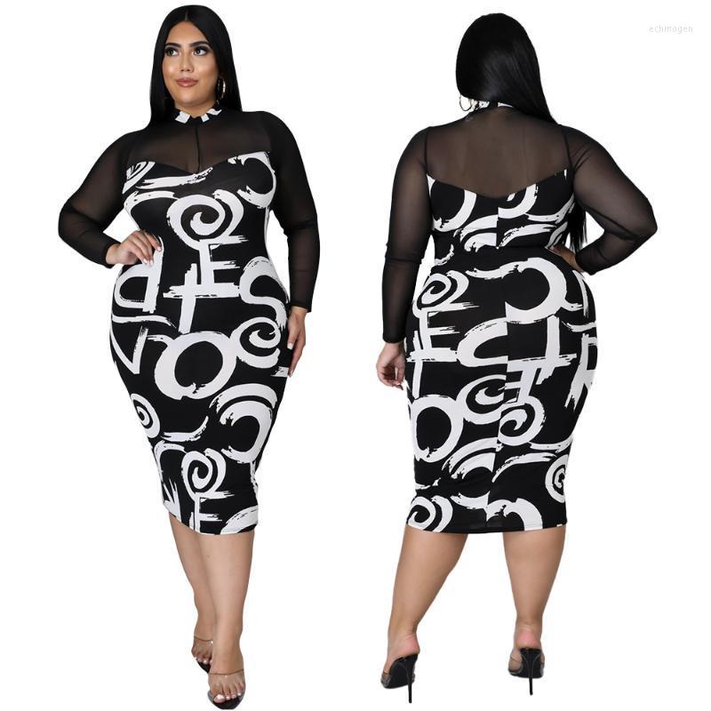 

Plus Size Dresses 5xl Women Clothing Fashion Printing See Through Gauze Stitching Round Neck One Step Midi Dress Wholesale Drop Echm22, Black