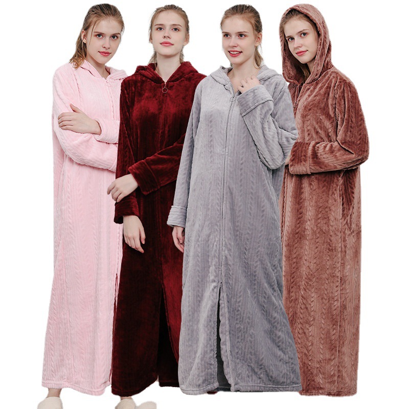 Casual Dresses Hooded Womens Winter Thicken Flannel Dress Bathrobe Women Soft Warm Loose Nightgown Velvet Pajamas Homewear Sleepwear-image-748548383