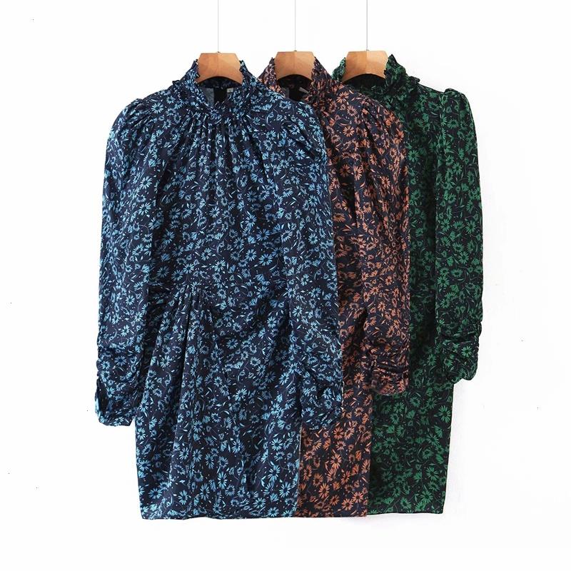 

Women Small Floral Pleated Dress Skirt With Long Sleeves Waist Goddess Fan Temperament Spring And Autumn Fairy In Winter, Green