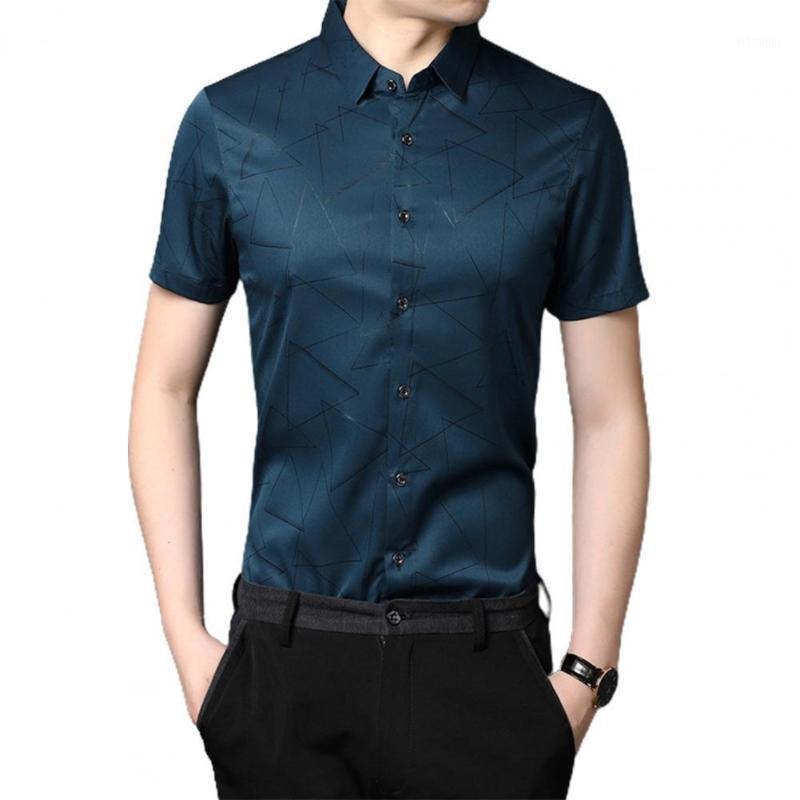 

Fashion Summer Men Social Shirt Geometric Print Breathable Lapel Short Sleeve Top For Business Men's Casual Shirts, Black