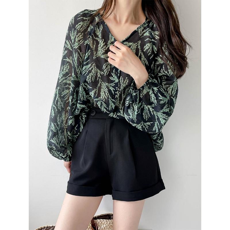 

Women's Blouses & Shirts Summer V-neck Shirt Women's Chiffon Sunscreen Strap TopWomen's, Black