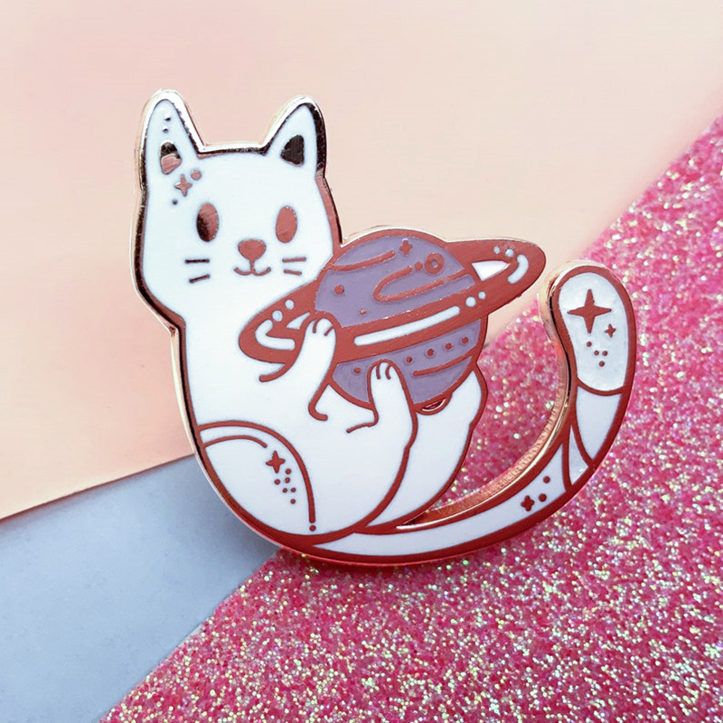 

Kawaii Cartoon Space Cute Pink Planet White Cat Star Hard Enamel Badge Brooch Creative Backpack Lapel Pin Jewelry Party Brooch, As picture