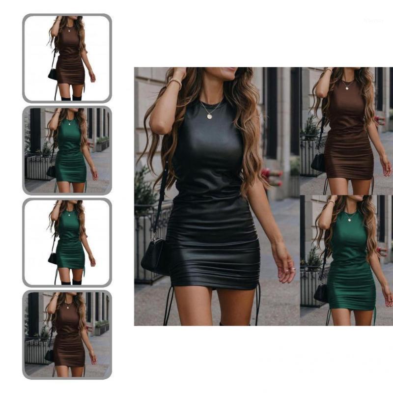 

Casual Dresses Cool Drawstring Pleated Mini Dress Office Lady Faux Leather, Brown
