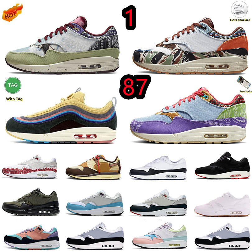 

87 1 mens running shoes sneakers Concepts x Far Out Heavy Mellow UNC Sean Wotherspoon Bred Aqua Noise Black OG Anniversary White 87s 1s men women trainers sports shoe, Item#19