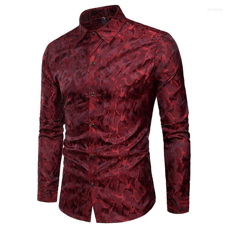 

Men's Shirt Bright Night Club Camouflage Design Silk Cloth Lapel Long Sleeve Dress Shirts Quin22, Claret red