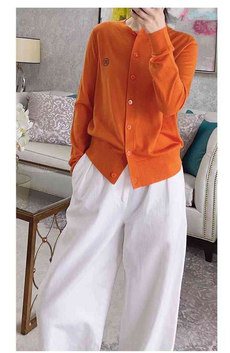 

Women's Spring and Autumn New Cashmere Cardigan Sweater Embroidery h Round Neck Thin Bottomed Loose Coat, White