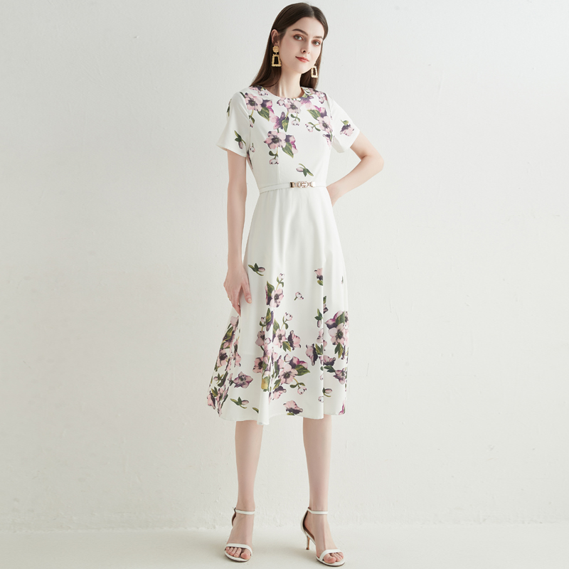 

Summer Floral Party White Dress Woman Designer Short Sleeve Vacation Slim A-Line Casual Dresses Runway Women Clothes Elegant Print Festa Flowy Cute Beach Midi Frock