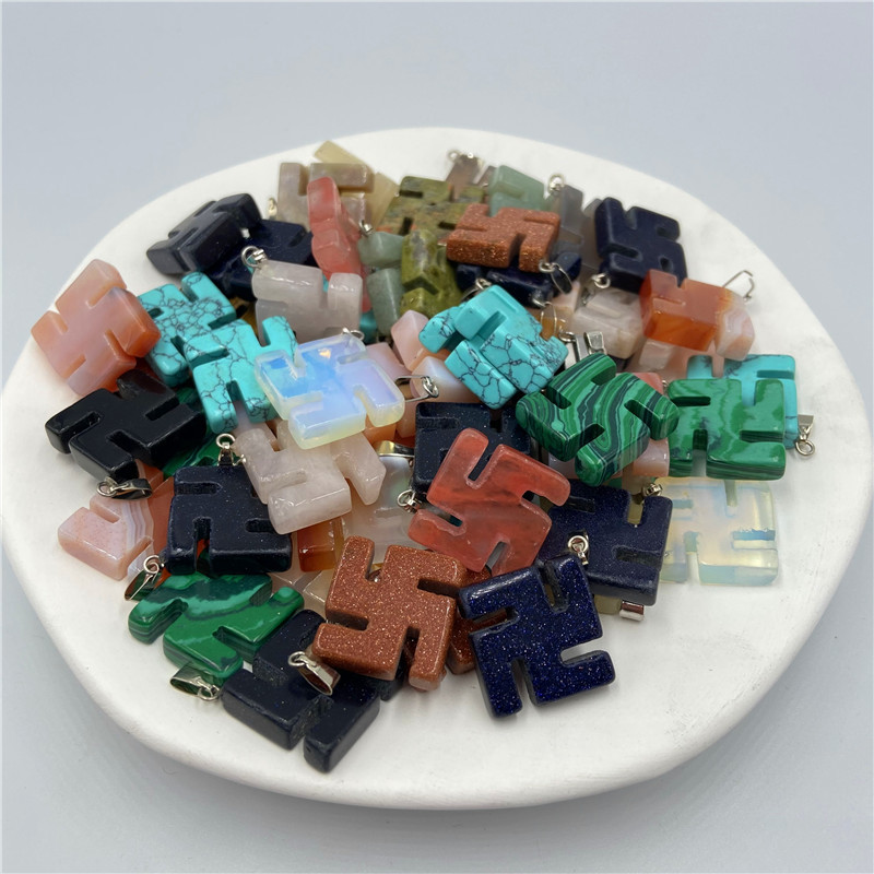 

Natural Stone Svastika Charms opal Rose Quartz Tiger's Eye turquoise Crystal Pendants Clear Gem Stone fit necklace making assorted
