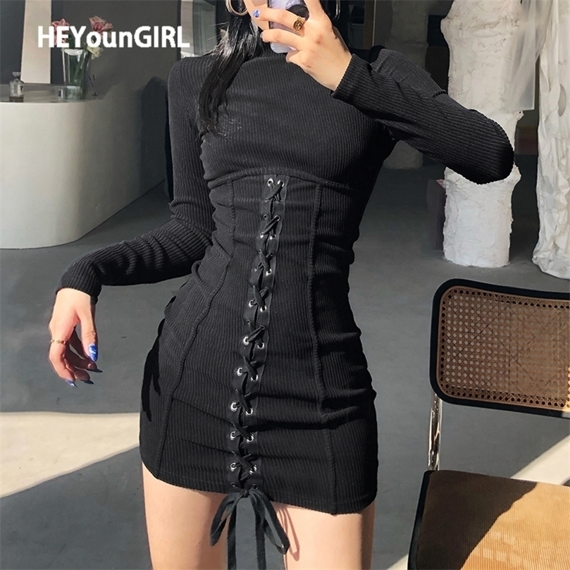 

HEYounGIRL Tie Up Bandage Black Bodycon Dress Autumn Basic Long Sleeve Knitted Mini Dresses Ladies Skinny Casual Winter Fashion 220402