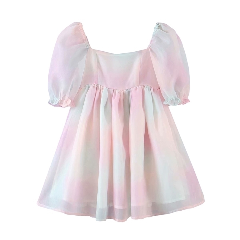 

YENKYE Sweet Women Multicolor Tie Dye Princess Party Dresses Sexy Square Neck Puff Sleeve Organza Dress Summer Short Vestido 220402, Blue