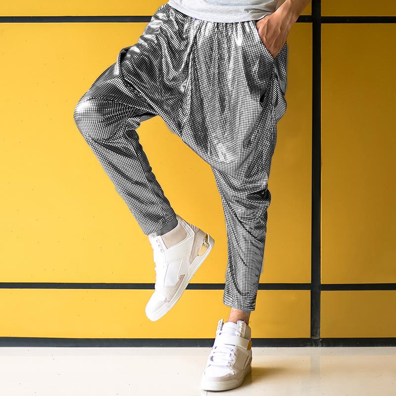 

Male Female Personality Silver Pant Big Crotch Trousers Stage Performance Costumes Harem Pants Mens Hip Hop Skinny, Black silver
