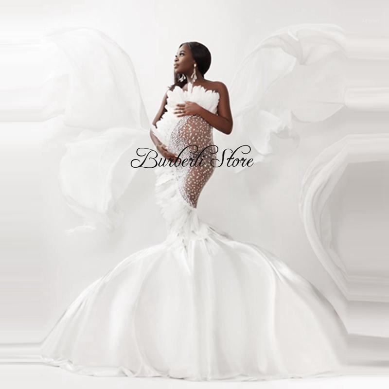 

Casual Dresses Sexy See Thru Pearls Mermaid Pregnant Women Dress Sleeveless Luxury Feathers Beading Maternity Gowns To Pography Aso Ebi, Custom made color