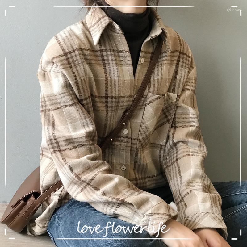 

Women's Blouses & Shirts COZOK 2022 Autumn Thickened Frosted Plaid Shirt Korean Version Lazy Wind Loose Warm Top 0675 Sybi22, Beige