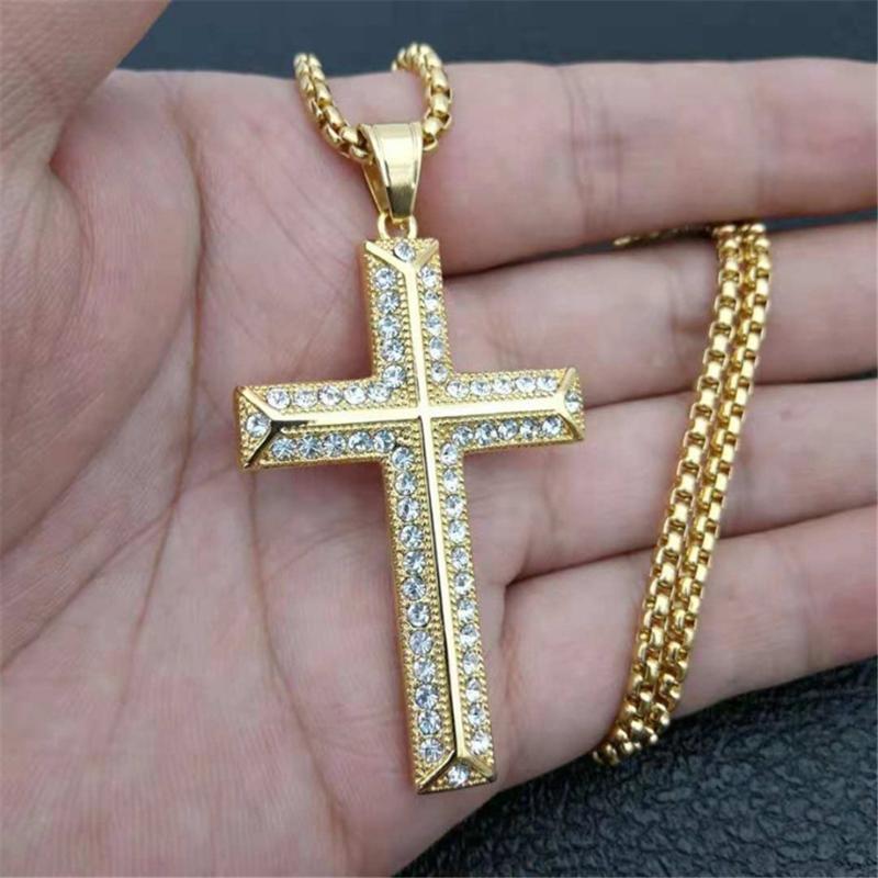 

Pendant Necklaces Hip Hop Iced Out Cross With Stainless Steel Chain Golden Necklace For Men Christian Jewelry DropPendant